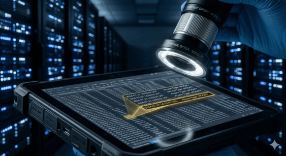 A gloved hand holds a specialized digital forensic lens over a rugged tablet screen. The lens illuminates and highlights a specific metadata —in glowing gold, while a dark server room with blue lights remains in the blurred background.