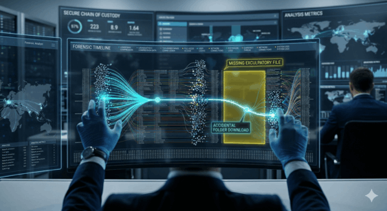 A first-person perspective of a forensic analyst with gloved hands interacting with a large, curved digital display. The screen shows a dense network of forensic data points with a prominent yellow highlighted gap labeled "MISSING EXCULPATORY FILE" and a blue connection labeled "ACCIDENTAL FOLDER DOWNLOAD," set within a high-tech command center.