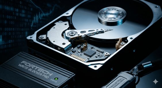 A high-contrast macro shot of an open hard drive platter sitting next to a forensic write-blocker and an industrial forensic drive. The background features dark shadows with soft blue binary code overlays, representing secure data investigation and integrity.